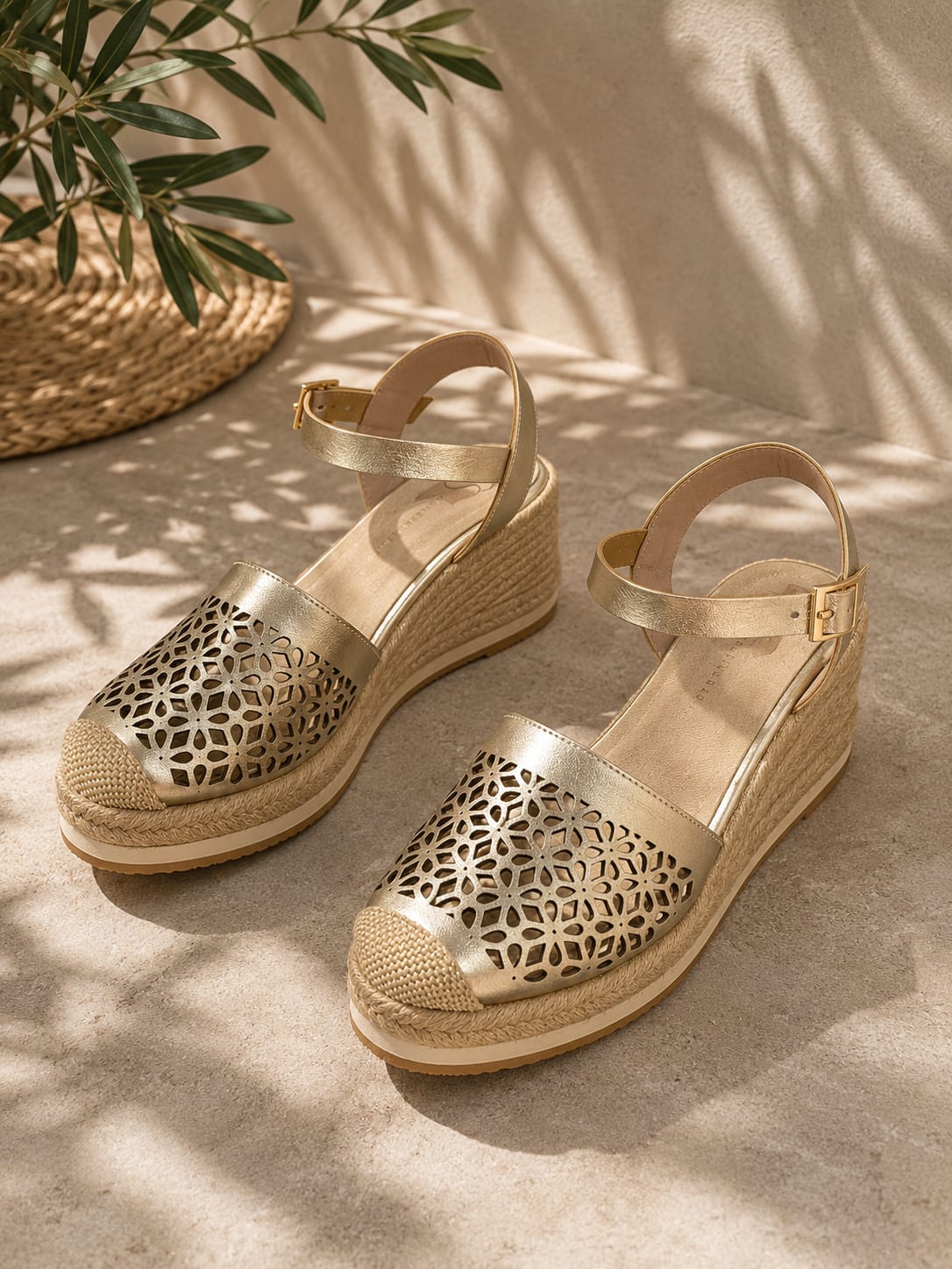 Sandalias tipo espadrille de color oro con diseño calado en la parte frontal, correa ajustable con hebilla al tobillo y plataforma alta con acabado de yute.