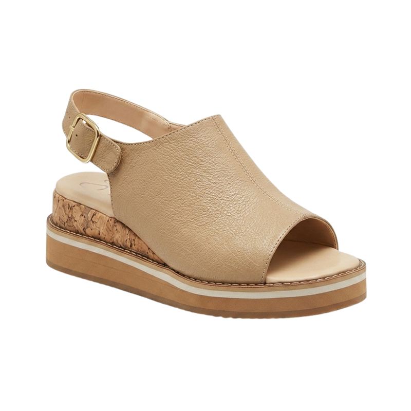 Sandalia mule de cuero genuino color arena con cuña de corcho - Carolina Santos