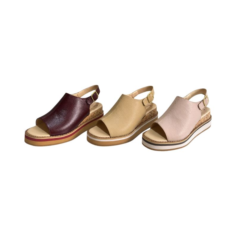 Sandalia mule de cuero genuino con cuña de corcho - colores vino, arena y rosa - Carolina Santos