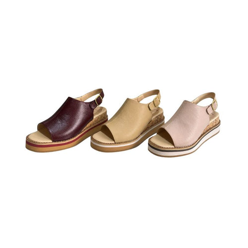 Sandalia mule de cuero genuino con cuña de corcho - colores vino, arena y rosa - Carolina Santos
