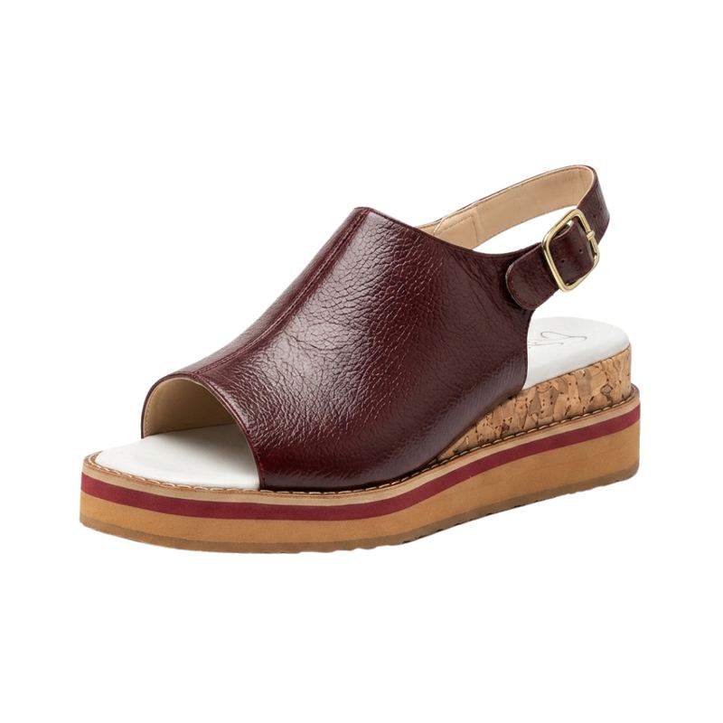 Sandalia mule de cuero genuino color vino con cuña de corcho - Carolina Santos